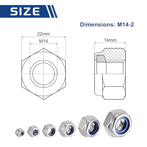 10Pcs Nylon Locking Hex Nuts - [M14 x 2mm], 304 Stainless Steel Hardware Nuts, Silver, for Automotive, Aerospace, Industrial Applications Use - color: Silver, size: M14x2mm