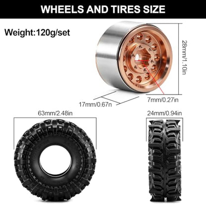 1.0" Beadlock Aluminum Wheels and 63mm Soft Rubber Tires | for SCX24, TRX4M, Ascent 18, FCX24, 1/18 1/24 RC Crawler, 7mm Hex, 0mm Offset, with Foam Inserts, (Bronze) - color: Bronze