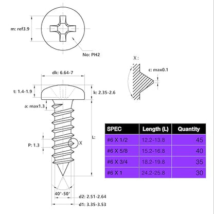EEEEE Self Tapping Screws Assortment Set 552pcs, Assorted Screws SAE #4#6#8#10#12 304 Stainless Steel Sheet Metal Screws Kit Phillips Drive Wood Screw Assortment (SAE Pan Head 552pcs) - size: SAE Pan Head 552pcs
