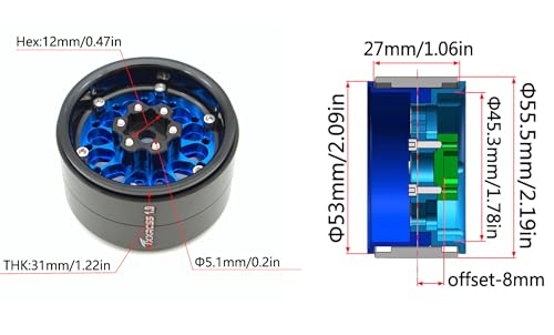 RC 1.9 Inch Beadlock Wheels Negative Offsets 8mm Rims Hex 12mm Aluminum Wheel for TRX4 TRX6 SCX10 Gen8 1/10 RC Crawler Remote Control Car Upgrades Accessories 4PCS (Blue Black) - color: Blue Black