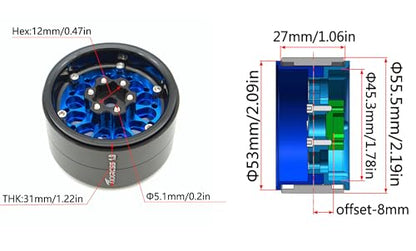 RC 1.9 Inch Beadlock Wheels Negative Offsets 8mm Rims Hex 12mm Aluminum Wheel for TRX4 TRX6 SCX10 Gen8 1/10 RC Crawler Remote Control Car Upgrades Accessories 4PCS (Blue Black) - color: Blue Black