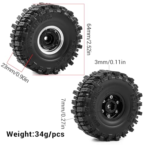 1.0" Beadlock Aluminum Wheels and 64mm Soft Rubber Tires | for SCX24, TRX4M, Ascent 18, FCX24, 1/18 1/24 RC Crawler, 7mm Hex, 0mm Offset, with Foam Inserts, (Black 102) - color: Black 102
