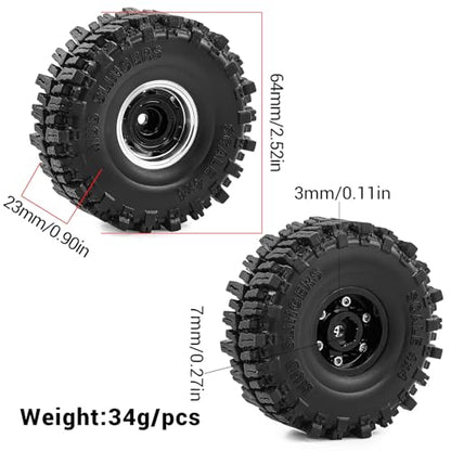 1.0" Beadlock Aluminum Wheels and 64mm Soft Rubber Tires | for SCX24, TRX4M, Ascent 18, FCX24, 1/18 1/24 RC Crawler, 7mm Hex, 0mm Offset, with Foam Inserts, (Black 102) - color: Black 102