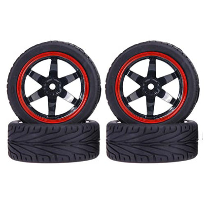 4PCS 1:10 RC Tires and Plastic Wheels Rims for 1/10 Scale On Road Touring Racing Drift Car HSP HPI Tamiya (Black Red) - color: Black Red