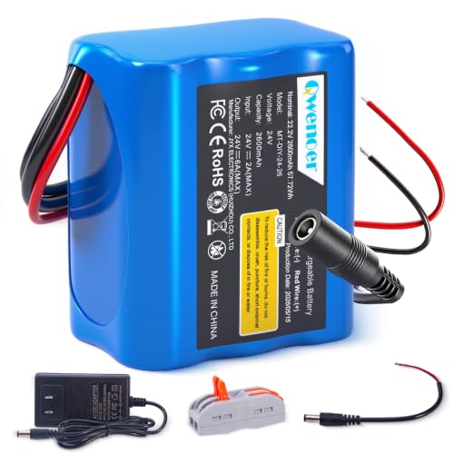 22.2V-24V 2.6Ah Lithium Battery, 22.2V-24V Rechargeable Li-ion Battery with Charger, Bare Leads Wire, Cable Connector for Kids Ride On Cars, DIY Project, Solar Panels, LED Light Strip, CCTV Camera