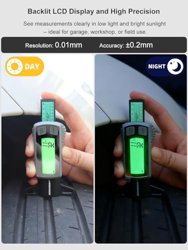Rechargeable Digital Tire Tread Depth Gauge, USB-C, Backlit LCD | 0-1 inch Measuring Range, mm/Decimal/Fraction Inch Modes, Auto Power Off, Tire Wear Tool for Cars, SUVs, Trucks and RVs