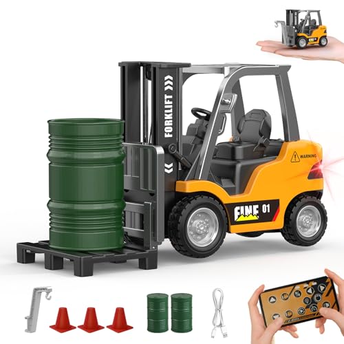 mini RC Forklift Toy Remote Control Crane 2 in 1 Construction Truck | 1:64 Die-cast alloy forklift model with remote/APP controls. STEAM building kit rechargeable power about 1 hour of playtime - style: mini Forklift