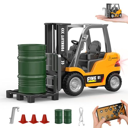 mini RC Forklift Toy Remote Control Crane 2 in 1 Construction Truck | 1:64 Die-cast alloy forklift model with remote/APP controls. STEAM building kit rechargeable power about 1 hour of playtime - style: mini Forklift