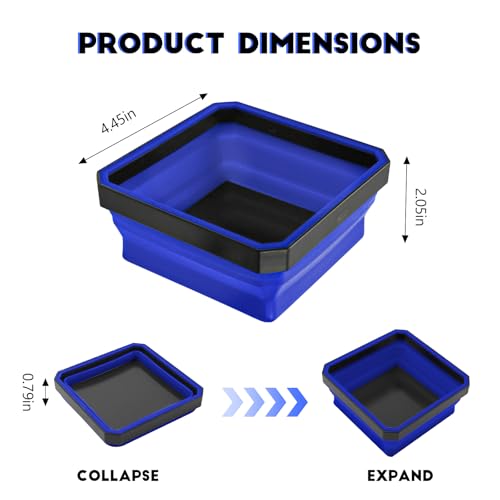Collapsible Magnetic Parts Tray, 4.5 Inch Square Silicone Tray Holder with Double-Sided Magnetic Base, Foldable Tool Trays for Screw Bolts Nuts Pins Small Parts, Car Accessories (Blue) - color: Blue