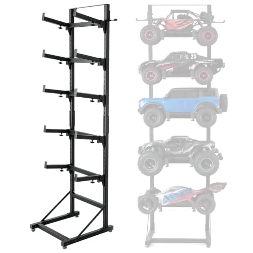 RC Car Display Stand 5-Tier Adjustable Shelf for 1/8 1/10 1/12 1/18 1/24 Scale Models – Compatible with TRX4, SCX10, TRX4M, Ascent-18, FCX18, SCX24 Crawler Trucks with Side Hooks for Remotes & Tools