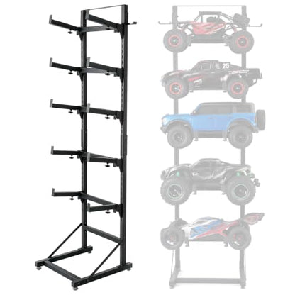 RC Car Display Stand 5-Tier Adjustable Shelf for 1/8 1/10 1/12 1/18 1/24 Scale Models – Compatible with TRX4, SCX10, TRX4M, Ascent-18, FCX18, SCX24 Crawler Trucks with Side Hooks for Remotes & Tools
