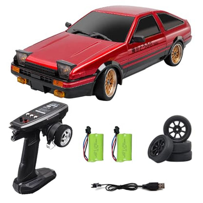 FLYCOLOR 1:18 AE86 Model LD1801 RC Drift Car 1/18 2.4G Remote Control on Road ESP Gyroscope LED Mini RC Racing Cars (Red) - color: Red