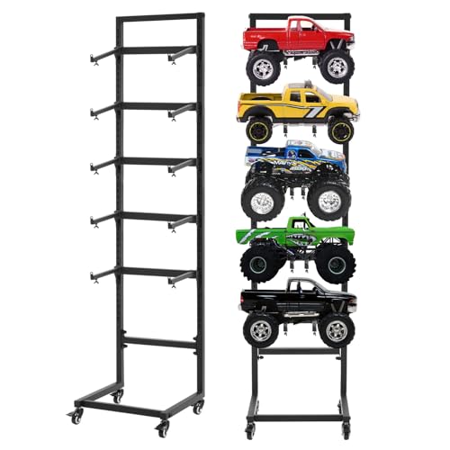 AceOrbit Rc Car Stand Display Rack with 4 Removable Mute Lockable Wheels, 5 Adjustable Tiers Layer Workstation Storage Shelf for 1/6 1/10 1/12 1/24 1/32 Scale RC Trucks Buggies for Garage/Living Room