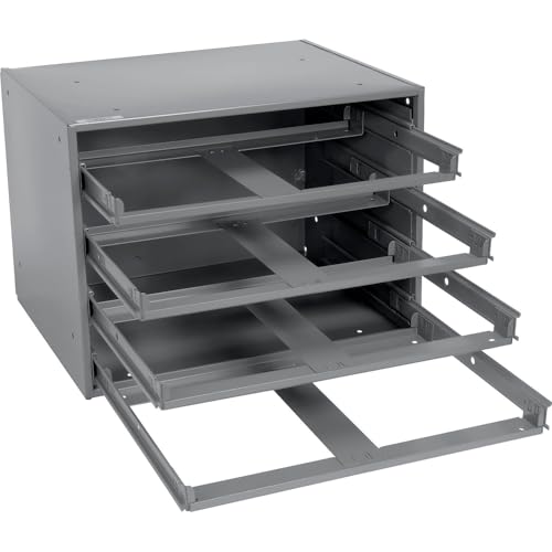 Global Industrial Durham Steel Compartment Box Rack, 20"L x 15-3/4"W x 15"H | Four Adjustable Divider Compartment Boxes, 18"L x 12"W x 3"H Boxes