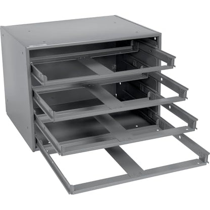 Global Industrial Durham Steel Compartment Box Rack, 20"L x 15-3/4"W x 15"H | Four Adjustable Divider Compartment Boxes, 18"L x 12"W x 3"H Boxes
