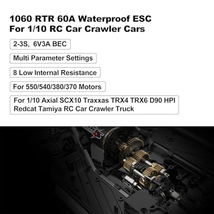 WP 1060 2-3s 60A Brushed ESC [Tamiya Plug] Waterproof Brushed Electronic Speed Controller with Switch Mode BEC, RC ESC for 1/10 Scale RC Crawler Car Trucks - color: Black-white