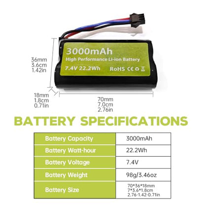 sea jump 7.4V 3000mah 15C 2S Li-ion Battery with SM-3P Plug and USB Charger Suitable for DE43 DE60 9500E 9309E RC Car Model Truck Huina 1575 RC Engineering Vehicle RC Remote Control Toy Car Battery