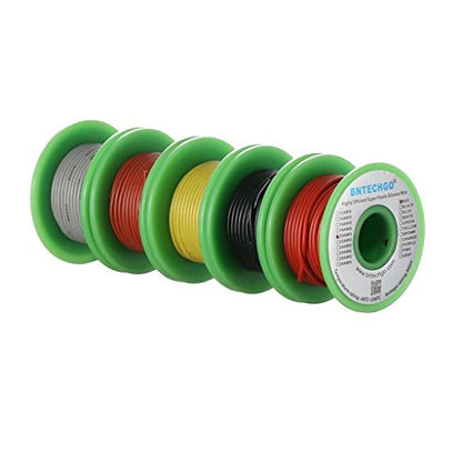 BNTECHGO 20 AWG Silicone Wire Kit Red Black Yellow Brown and Gray Each 30ft | 20 Gauge Stranded Tinned Copper Wire Silicone Rubber Insulation For RC, Drone, Robot, Battery, EV Charger, 3D Printer, DIY