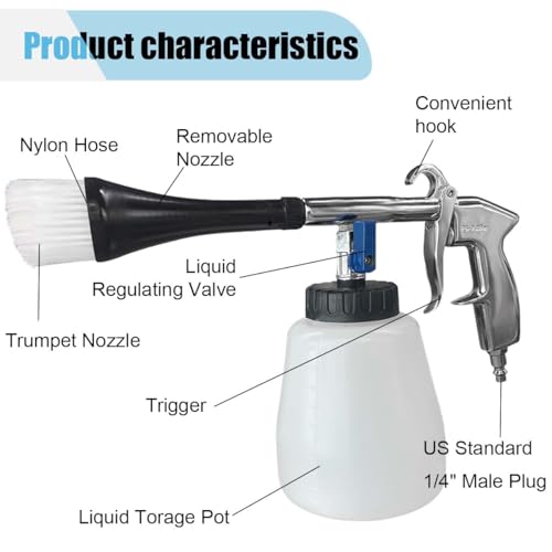Car Cleaning Gun Kit, High-Pressure Air Blow Gun with 1L Foam Bottle, 2 Nozzles, Car Interior Cleaning Kit, Auto Detailing Spraying Washing Gun for Car Seats, Carpets (4PCS)