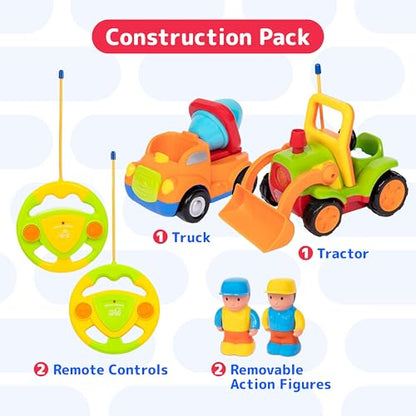 PREXTEX 2 Pack Remote Control Cars for 3-5 Year Old Boys - Truck and Tractor Toddler Toys with Easy Controllers - Sound and Light Play Features - Fun Birthday Gift Toy for Kids - style: Truck/Tractor