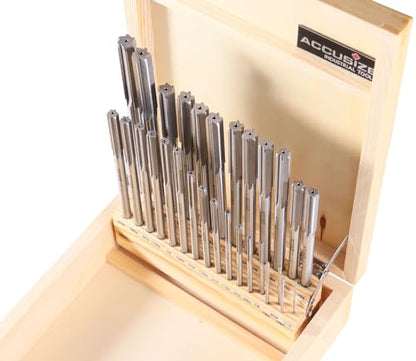 Accusize HSS Chucking Reamer Set 1/16 to 1/2 in by 1/64, 5500-SF00 | 29 Pc Fractional Set, Straight Shank, Straight Flute, Right-Hand Cut, +0.0001 to +0.0005 in Tolerance - size: 1/16" thru. 1/2" by 1/64"