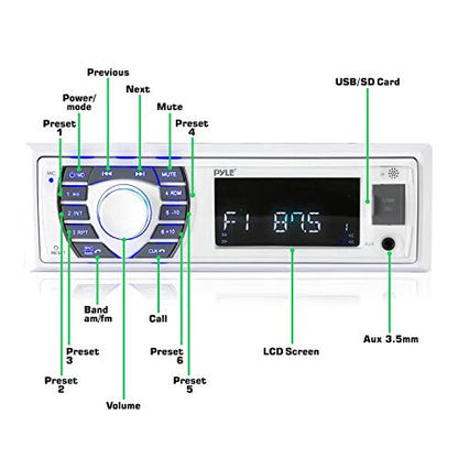 Pyle Bluetooth Marine Receiver Stereo - 12v Single DIN Style Boat In dash Radio Receiver System with Digital LCD, RCA, MP3, USB, SD, AM FM Radio - Remote Control, Wiring Harness - PLRMR23BTW (White)