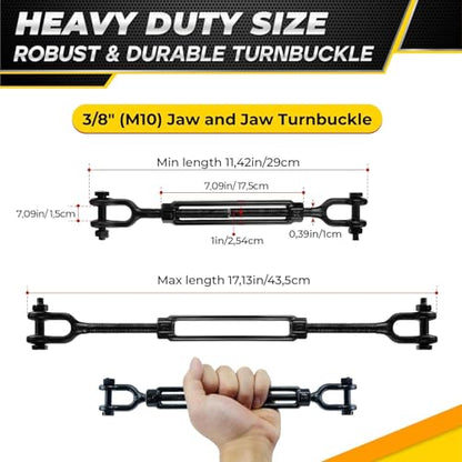 1200 LBS 3/8”x11.4” Jaw and Jaw Turnbuckles for Cable Wire Tensioner (2PCS) | Ultra Durable Steel Weather Resistant, Durable Black Turnbuckle for Wire Rope Tension, Shade Sail Hardware, Sun Shade Tent - style: 2Pcs 3/8”x11.4”