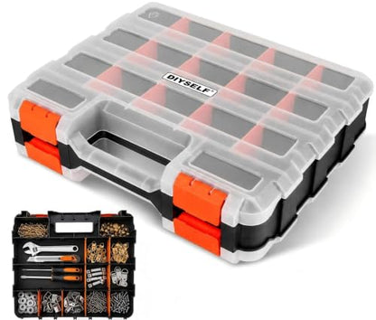 DIYSELF Screw Organizer, Double-Sided 34-Compartment Small Parts Organizer | Hardware Organizers with Adjustable Space, Clear-Lid Compartment Storage Box for Hardware, Crafts, Beads, Nuts and Bolts - size: 1 Pack