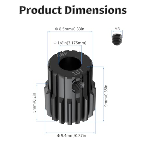 Pinion Motor Gear, 48P 16T, 1/8 in (3.175mm) Shaft Hole | 48 Pitch 16 Teeth, 1045 Hardened Carbon Steel, 1/8 Inch Shaft Hole, RC Motor Pinion Upgrade, for 1/10 RC Brushless Crawler - size: 48P 16T