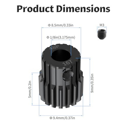 Pinion Motor Gear, 48P 16T, 1/8 in (3.175mm) Shaft Hole | 48 Pitch 16 Teeth, 1045 Hardened Carbon Steel, 1/8 Inch Shaft Hole, RC Motor Pinion Upgrade, for 1/10 RC Brushless Crawler - size: 48P 16T