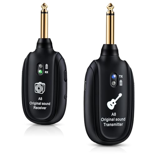 A8 Wireless Guitar System UHF 2 Modes, Rechargeable Li-Battery, 100ft Range, Plug & Play for Guitar, Bass, Violin, Keyboard - Black | Rechargeable Li-Battery, 100ft Range, Wireless Guitar Transmitter Receiver For Bass Violin Keyboard Electric Instruments