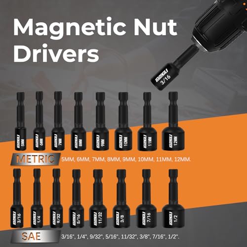 17PCS Magnetic Nut Driver Set | SAE and Metric | Premium Impact Power Hex Nut Driver Drill Bit Master Kit | 1/4 Inch Hex Shank | Cr-V Steel (17PCS Magnetic Nut Driver (Short))