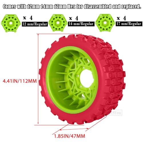 RC F/R Wheels and Tires Set w/Detachable Replace Running on Off-Road Tire RC Wheel Hex for 1/10 Slash 4WD 4×4 2WD/Arrm a Senton/Axia1/Rc 4wd/Redca t,12mm/14mm/17mm Hex,Green-Red（4PCS - color: Green-red(rc Wheels Tires)