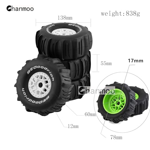 1/7 1/8 RC Short Course Truck Car Tires and Wheels Rims 17mm Hex Snow Sand Buggy Desert Tyres for 1:7 Or 1:8 Scale RC Off Road Truck Car TRAXXAS UDR 85086-4 ARRMA YK4072 DF7 4Pcs (B Green) - color: B Green