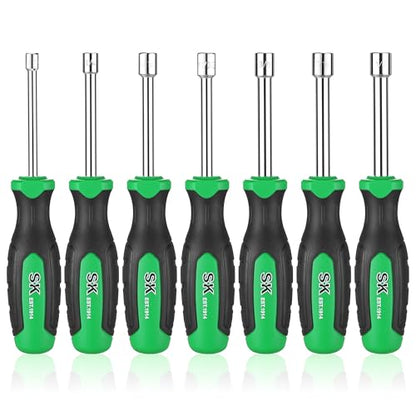 SK 7-Piece SAE Nut Driver Set, 3-Inch Deep Solid Shaft, Premium CR-V Steel | 3/16", 1/4", 5/16", 11/32", 3/8", 7/16", 1/2", Heat-Treated Chrome Plating Long Shaft, SureGrip Handle - size: SAE