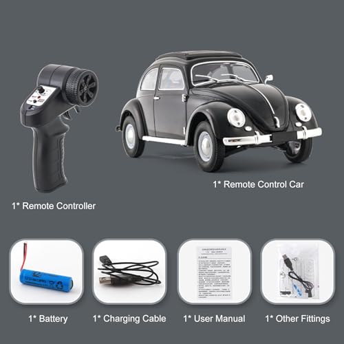 1:16 Beetle 1950 RC Car, 4CH RWD 2.4GHz RC Car with LED Lights | Classic Retro Design with 2 Rechargeable Battery. Rear-wheel Drive for Control. Volkswagen Beetle Toy Car for Hobbyists - size: 1 Battery