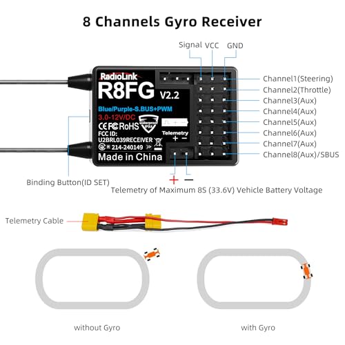 Radiolink R8FG 8CH 3ms Water Splash-Proof RC Gyro Receiver for RC Crawler | Long Distance Waterproof RX for RC Drifting Car Truck Boat Radio Controller RC8P/RC8X/RC6GS V3/RC4GS V3/T8FB/T8S/T12D/T16D
