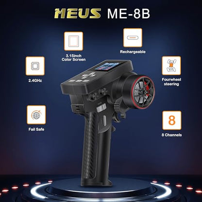 MEUS RACING ME-8B RC Transmitter 8 Channels 2.4GHz and Receiver for 1/8 1/10 1/18 1/24 RC Crawler Car Boat TRX4 TRX4M SCX10 SCX24 Upgrades Parts (Black) - color: With 08a Receiver, Black