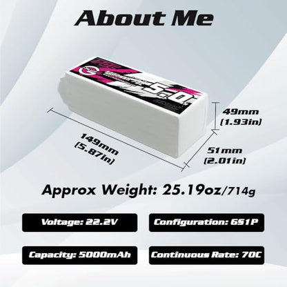 CNHL 5000mAh 6S Lipo Battery 22.2V 70C Soft Case with XT90 Plug for RC Car Airplane Truck Boat Racing Drone(2 Packs