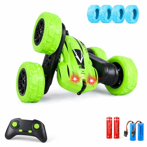 Titorot RC Stunt Car –Green | 360° stunt flips, double-sided driving, LED lights, rechargeable battery, 2.4GHz anti-interference, all-terrain wheels, 4-8 - color: Green+extra 4 Yellow Wheels