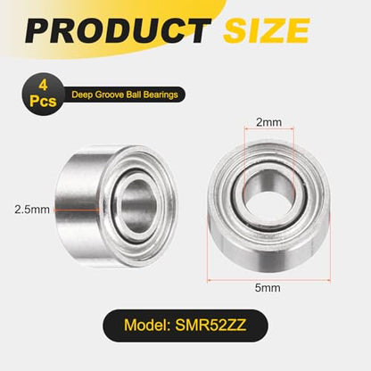 uxcell 4Pcs SMR52ZZ Deep Groove Ball Bearings, 2x5x2.5mm 440C Stainless Steel Double Shielded Bearings, ABEC 5 - size: 2x5x2.5mm