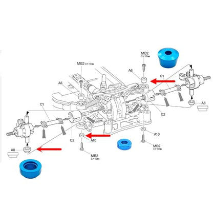 Aluminum Front Steering Cup Spacer Set for Tamiya TT-02 | 6-piece CNC-machined aluminum set; replaces the matching front steering knuckle and axle cup spacers on Tamiya TT-02