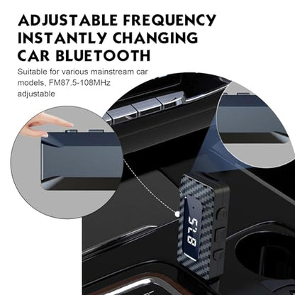 Car USB Bluetooth Receiver, HD LED Display FM Transmitter Audio Adapter, DC 5V Plug and Play Adjustable Frequency Bluetooth Receiver with AUV Connector, for Most Cars Home (Black)