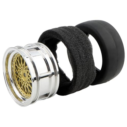 4-Pack RC 1/10 Scale On Road Slick Tires OD2.55 Rubber Wheel Rims 12mm Hex Compatible with Traxxas 4 Tec 2.0 Tamiya TT01 XV01 Kyosho WR8 Sakura WLtoys HPI Touring Racing Car (Gold)