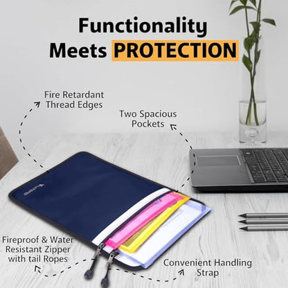 Upgraded Two Pockets Fireproof Document Bag (2000℉), 15”x 11” Fire Proof Bag for Documents with Zipper, Waterproof Document Pouch for Valuables, Legal Documents Safe Storage (Blue) - color: Blue