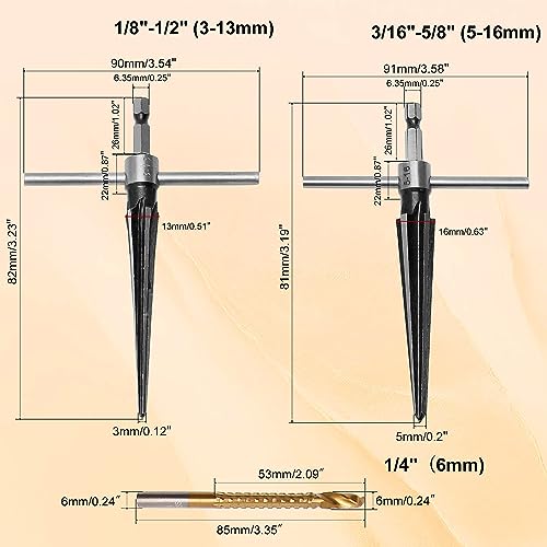Tapered Hand Reamer Set, 3-13mm & 5-16mm 6 Flute Chamfer Reaming Tool | Bridge Pin Hole Reamers, 1/8''-1/2'' & 1/2''-5/8'', Luthier Guitar & Woodworking Tool