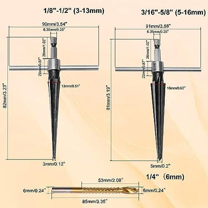 Tapered Hand Reamer Set, 3-13mm & 5-16mm 6 Flute Chamfer Reaming Tool | Bridge Pin Hole Reamers, 1/8''-1/2'' & 1/2''-5/8'', Luthier Guitar & Woodworking Tool