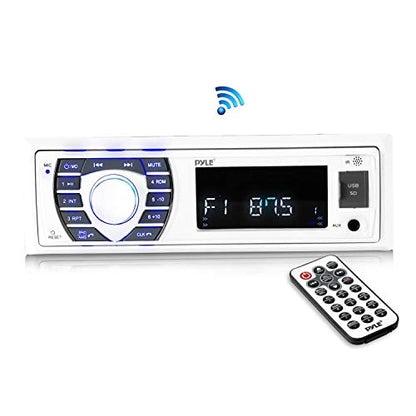 Pyle Bluetooth Marine Receiver Stereo - 12v Single DIN Style Boat In dash Radio Receiver System with Digital LCD, RCA, MP3, USB, SD, AM FM Radio - Remote Control, Wiring Harness - PLRMR23BTW (White)