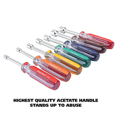 Great Neck ND72 7-Pc SAE Nut Driver Set, Nut Drivers for Automotive, Mechanical, and DIY Projects, Chrome Vanadium Steel, Acetate Color-Coded Handles, Rust-Resistant, ANSI Rated Tools - size: SAE