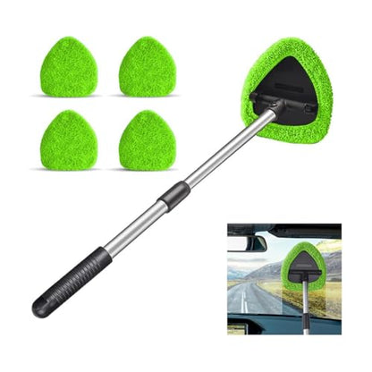 Car Windshield Cleaning Tool, Automotive Window Cleaner with 4 Reusable Washable Microfiber Pads & Extendable Handle, Vehicle Glass Wiper Kit, Universal for RV, SUV, Truck (Green) - color: Green
